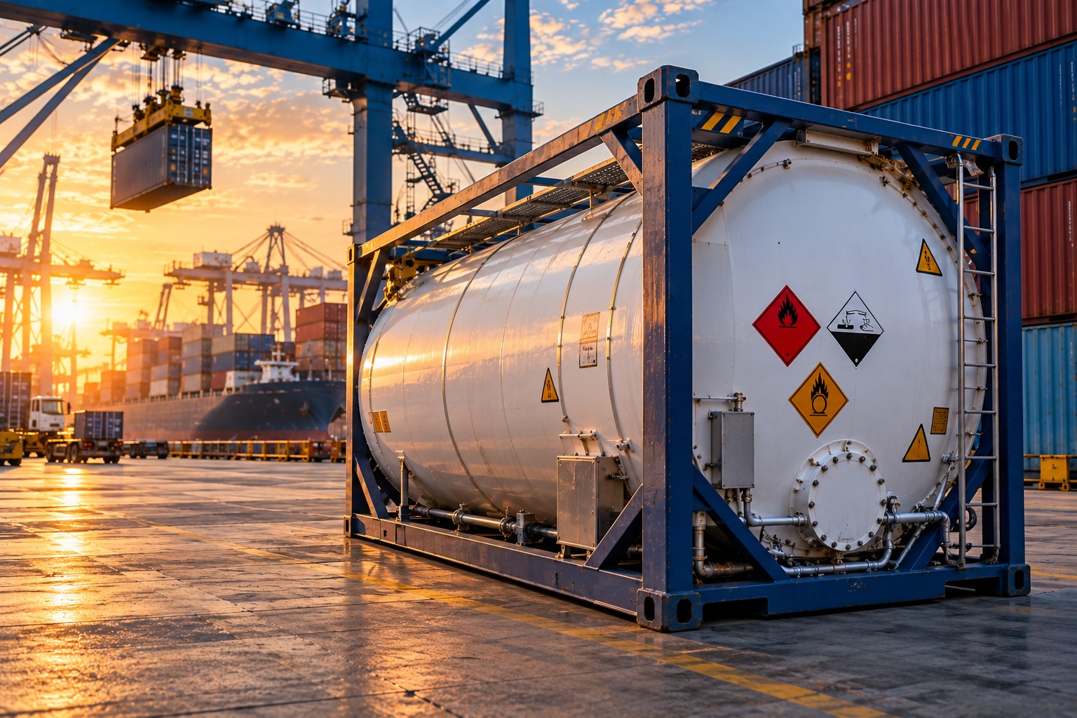 ISO tank container with dangerous-goods placards at a port
