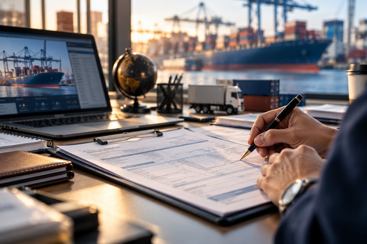 Shipping documents on an office desk