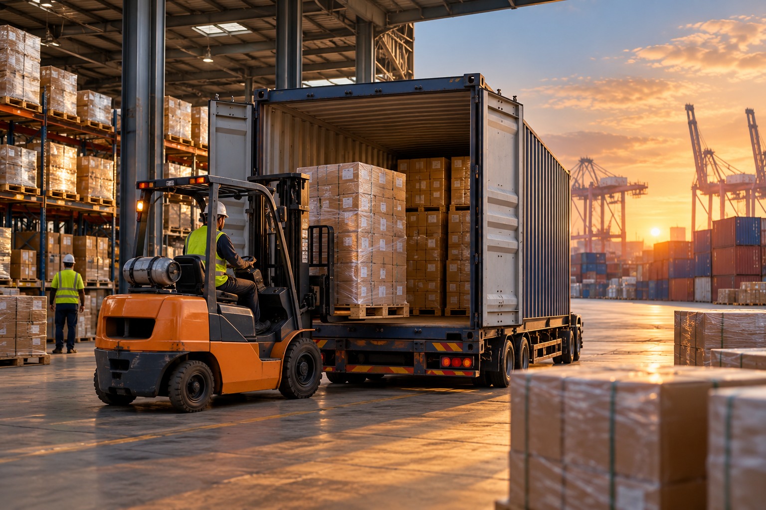 Forklift loading cargo into a container inside a warehouse