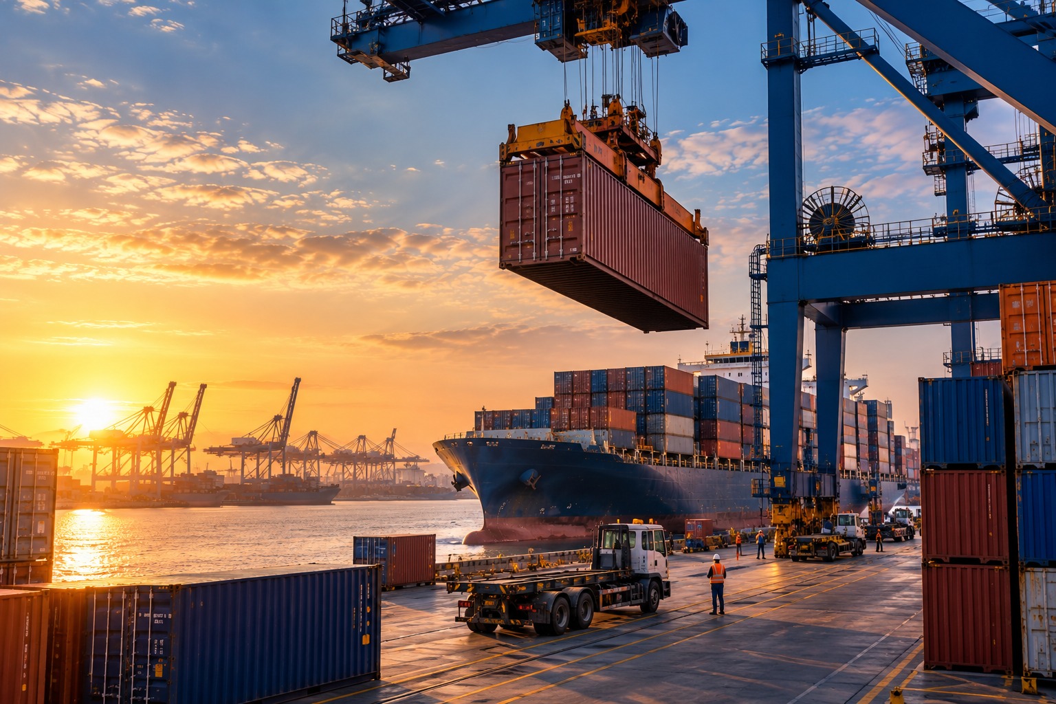 Gantry crane lifting a container at a commercial container terminal
