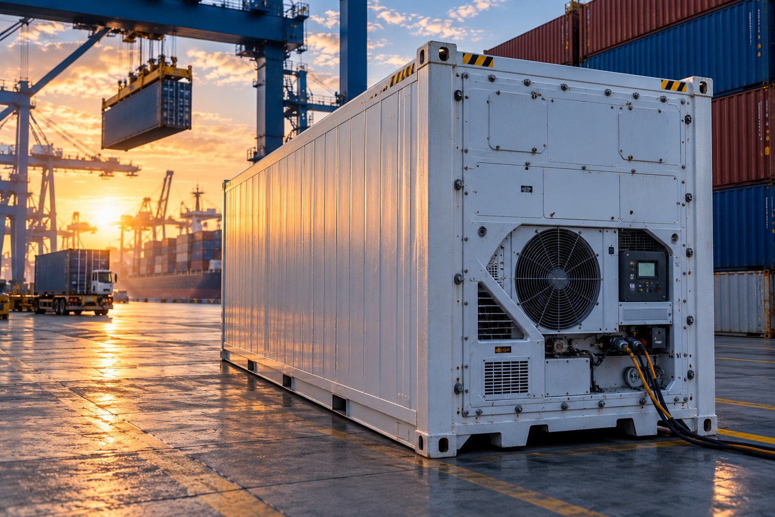 Refrigerated container with its cooling unit in a container yard